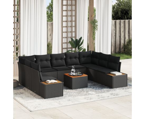 vidaXL Zestaw sof ogrodowych 10-częściowy z poduszkami czarny polirattan akacja Dārza mēbeļu komplekti