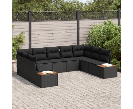 vidaXL 9-częściowy zestaw sof ogrodowych z poduszkami, czarny polirattan i akacja Dārza mēbeļu komplekti