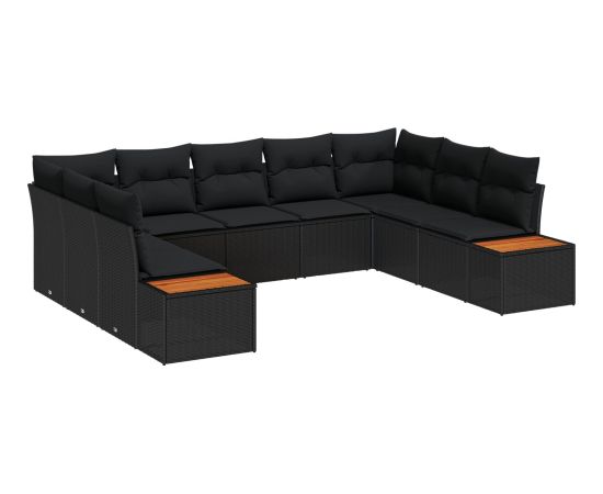 vidaXL 9-częściowy zestaw sof ogrodowych z poduszkami, czarny polirattan i akacja Dārza mēbeļu komplekti