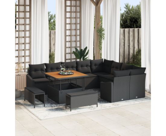 vidaXL 12-elementowy zestaw sof ogrodowych z poduszkami Czarne Polirattan Akacja Dārza mēbeļu komplekti