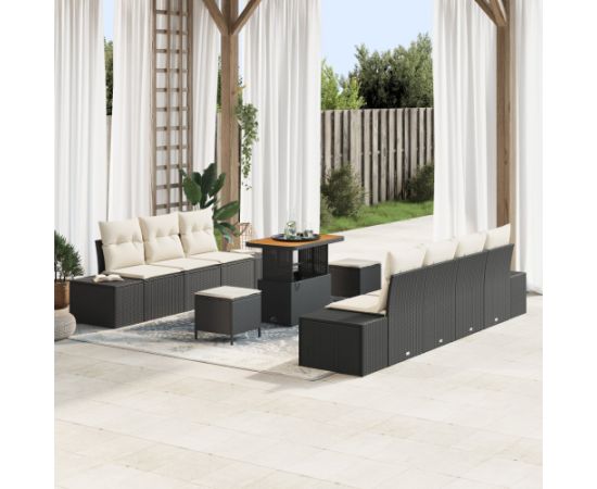 vidaXL 10-częściowy zestaw sof ogrodowych z czarnymi poduszkami polirattan akacja Dārza mēbeļu komplekti