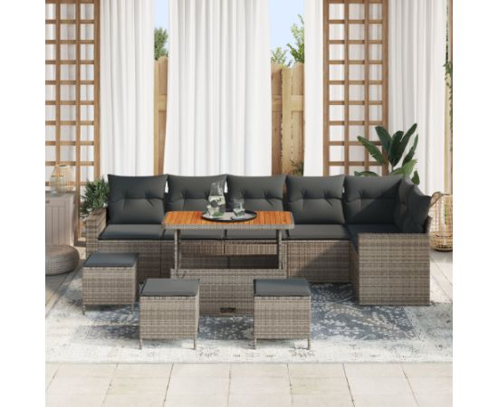 vidaXL 10-elementowy Zestaw Sofy Ogrodowej Z Poduszkami Szary Polirattan Akacja Dārza mēbeļu komplekti