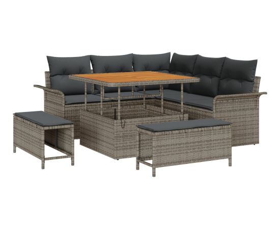 vidaXL Zestaw sof ogrodowych 8-częściowy z poduszkami Szary Poli Rattan Akacja Dārza mēbeļu komplekti