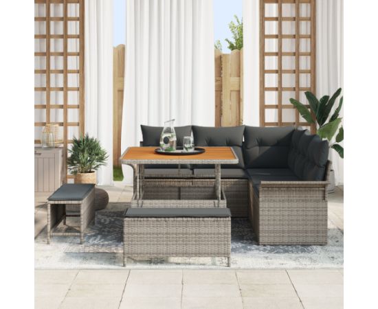 vidaXL Zestaw sof ogrodowych 8-częściowy z poduszkami Szary Poli Rattan Akacja Dārza mēbeļu komplekti