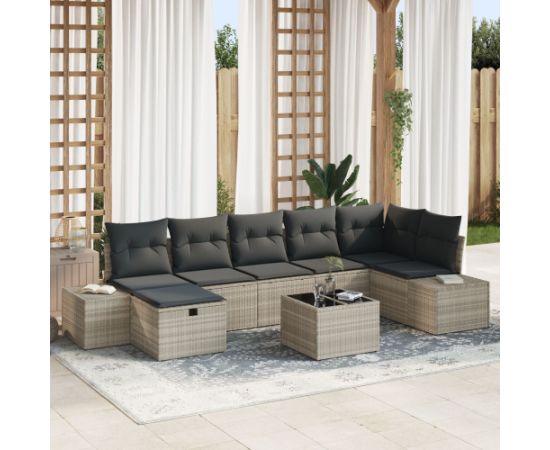 vidaXL 8-częściowy zestaw sof ogrodowych z poduszkami w jasnym szarym polirattanie Dārza mēbeļu komplekti