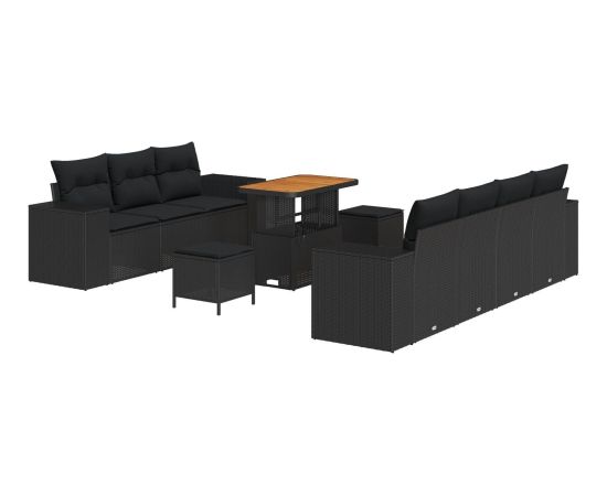 Vidaxl Zestaw 10-elementowy sof ogrodowych z poduszkami czarny polirattan akacja, Zestaw 3-elementowy stoły obiadowe z poduszkami czarny polirattan akacja Dārza mēbeļu komplekti