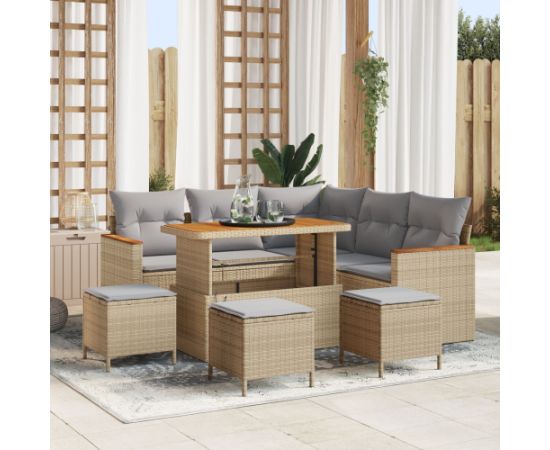 vidaXL 9-elementowy zestaw sof ogrodowych z poduszkami beżowy technorattan akacja, vidaXL 4-elementowy zestaw jadalny ogrodowy z poduszkami beżowy technorattan akacja Dārza mēbeļu komplekti