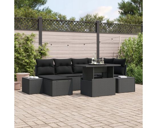 vidaXL 7-częściowy zestaw sof ogrodowych z poduszkami Czarny Polirattan Dārza mēbeļu komplekti