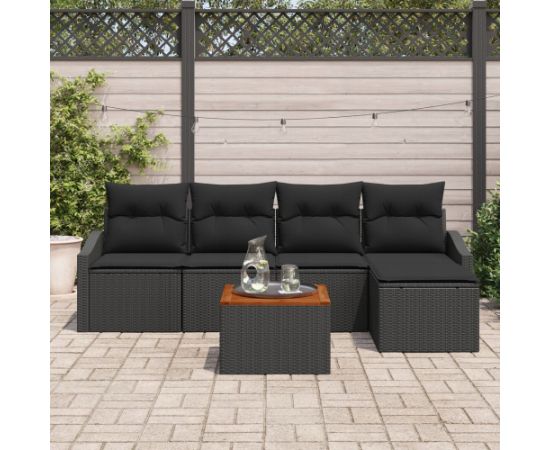 vidaXL Czarny Zestaw Sof Ogrodowych  z Poduszkami Rattan Akacjowy, 6 Części Dārza mēbeļu komplekti