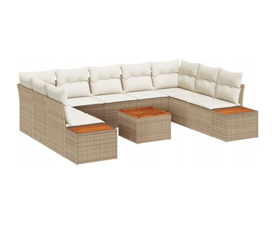 vidaXL 10-elementowy zestaw sofy ogrodowej z poduszkami Beżowy Polirattan Akacjowy Dārza mēbeļu komplekti