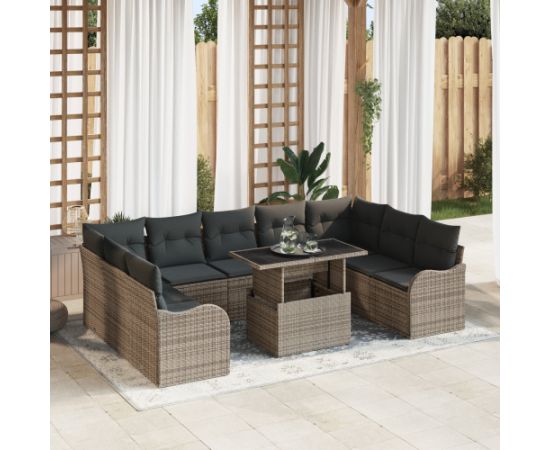 Zestaw sof ogrodowych vidaXL 10 Elementów z Poduszkami Szary Polirattan, Zestaw sof ogrodowych vidaXL 2-osobowy z Poduszkami Szary Polirattan Dārza mēbeļu komplekti