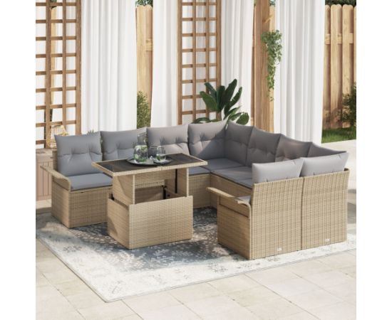 vidaXL Zestaw 9-elementowej sofy ogrodowej z poduszkami Beżowy Polirattan Dārza mēbeļu komplekti