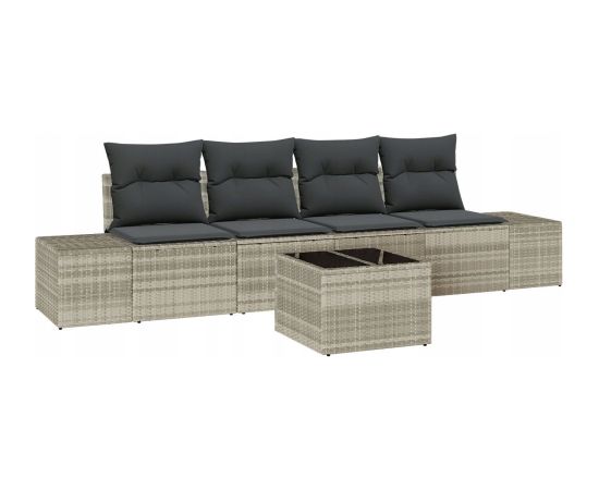 vidaXL Zestaw sofy ogrodowej 5-elementowy z poduszkami Jasnoszary Polirattan Dārza mēbeļu komplekti