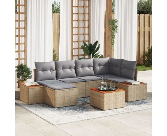 vidaXL Zestaw 7 sztuk sof ogrodowych z poduszkami Beżowy Poli Rattan Akacja Dārza mēbeļu komplekti