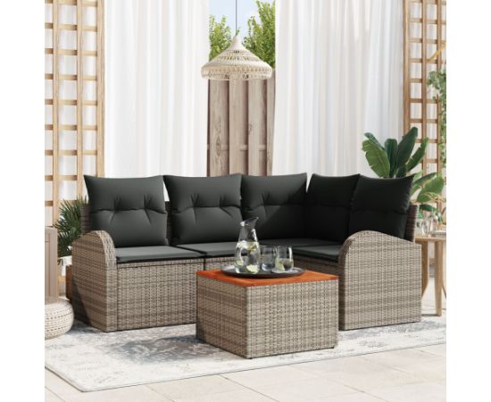 vidaXL Zestaw sofowy  5 elementów z poduszkami szary poli rattan akacja Dārza mēbeļu komplekti