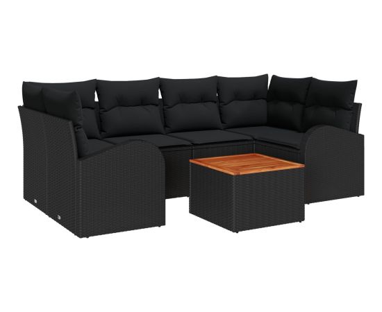 vidaXL Czarny Zestaw Sof Ogrodowych 7 Elementów z Poduszkami z Polirattanu i Akacji Dārza mēbeļu komplekti