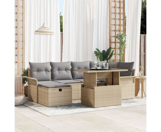 vidaXL 7-częściowy zestaw sof ogrodowych z poduszkami beżowego polirattanu Dārza mēbeļu komplekti