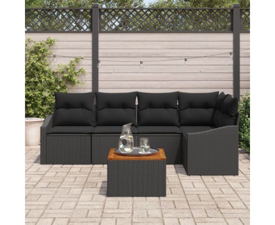vidaXL Zestaw 6 sztuk sof ogrodowych z poduszkami, czarny, polirattan, akacja Dārza mēbeļu komplekti
