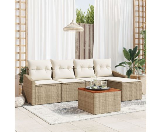 vidaXL Zestaw 6 Elementów Sof Ogrodowych z Poduszkami Beżowy Polirattan Akacjowy Dārza mēbeļu komplekti