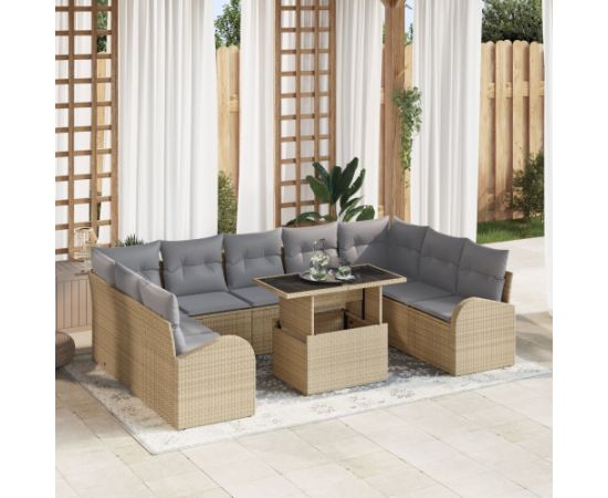 vidaXL 10 Elementowy Zestaw Sofy Ogrodowej z Poduszkami Beżowy Polirattan Dārza mēbeļu komplekti