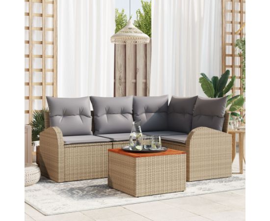 vidaXL 5 częściowy zestaw sof ogrodowych z poduszkami w beżowym polirattanie i akacji Dārza mēbeļu komplekti