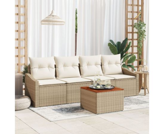 vidaXL Zestaw 5 elementów sof ogrodowych z poduszkami w beżowym odcieniu z polirattanu i akacji Dārza mēbeļu komplekti