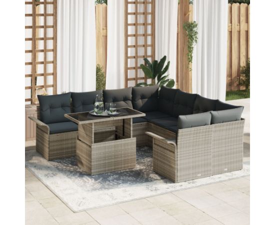 vidaXL Zestaw sofy ogrodowej 9 elementów z poduszkami, jasnoszary polirattan Dārza mēbeļu komplekti