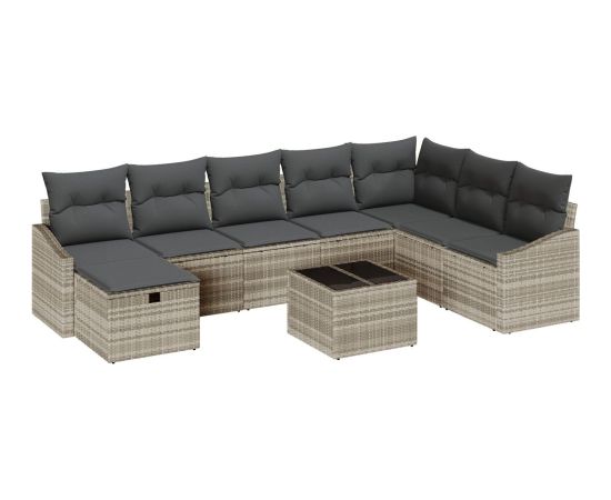 vidaXL 9-elementowy Zestaw Sofy Ogrodowej z Poduszkami Jasnoszary Polirattan Dārza mēbeļu komplekti