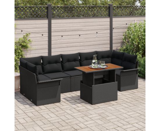 vidaXL Zestaw Sofogardowy  8 Elementów z Poduszkami Czarny Poli Rattan Akacja Dārza mēbeļu komplekti