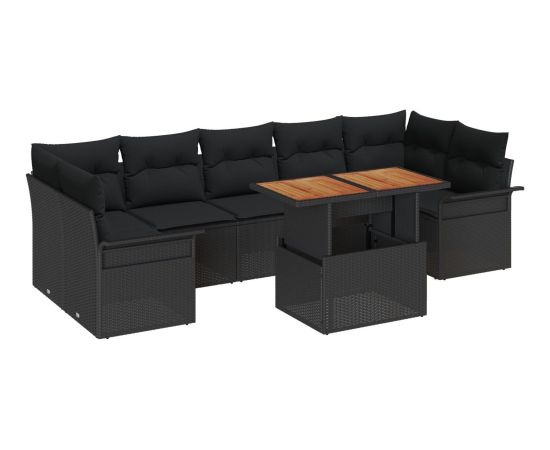 vidaXL Zestaw Sofogardowy  8 Elementów z Poduszkami Czarny Poli Rattan Akacja Dārza mēbeļu komplekti