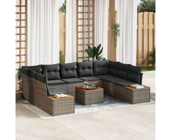 vidaXL 10-Częściowy Zestaw Sof Ogrodowych z Poduszkami Szary Polirattan Akacja Dārza mēbeļu komplekti