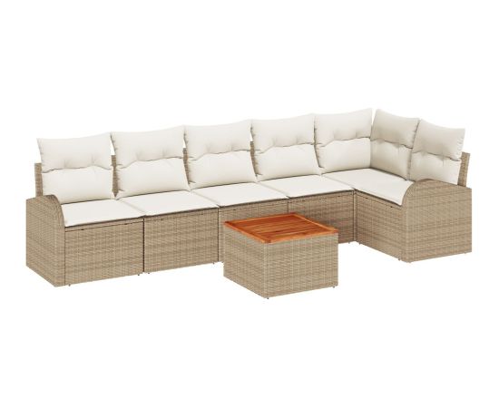 vidaXL Zestaw sof ogrodowych  7-częściowy z poduszkami Beżowy Poly Rattan Akacja Dārza mēbeļu komplekti