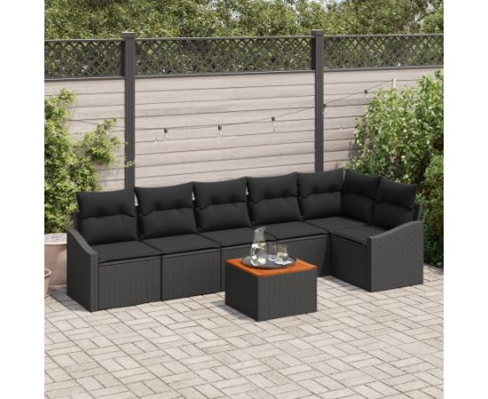 vidaXL Zestaw ogrodowy  7 elementów z poduszkami Czarny Polirattan Akacja Dārza mēbeļu komplekti
