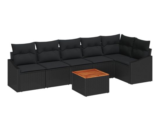 vidaXL Zestaw ogrodowy  7 elementów z poduszkami Czarny Polirattan Akacja Dārza mēbeļu komplekti