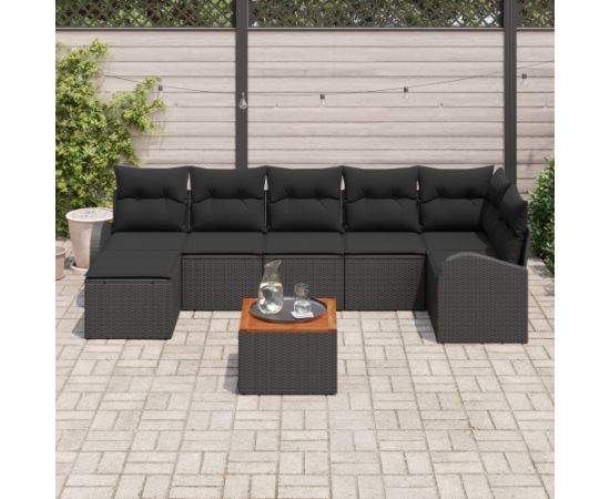 vidaXL Zestaw 8 elementów sofy ogrodowej z poduszkami czarny polirattan akacja Dārza mēbeļu komplekti