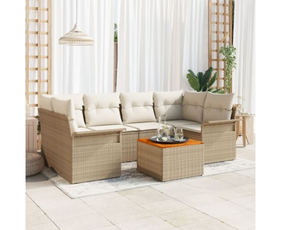 vidaXL Zestaw mebli ogrodowych  7-elementowy z poduszkami Beżowy Polirattan Akacja Dārza mēbeļu komplekti