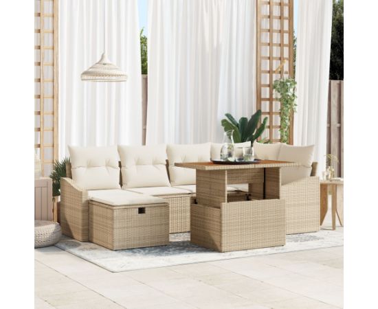 vidaXL 7-elementowy zestaw sofy ogrodowej z beżowymi poduszkami z polirattanu Dārza mēbeļu komplekti