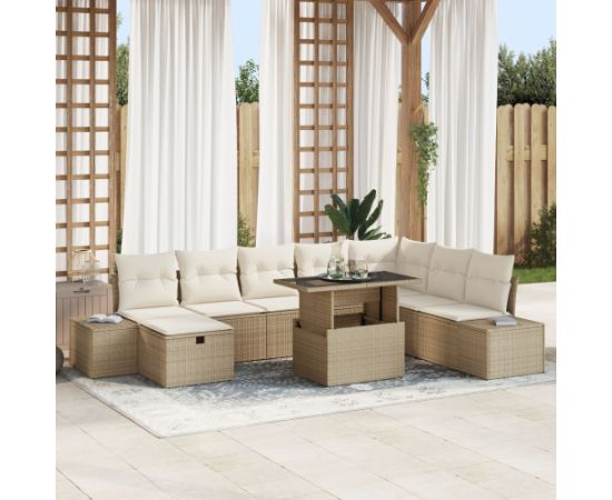 vidaXL Zestaw Sofy Ogrodowej  9 elementowy z Poduszkami Beżowy Poli Rattan Dārza mēbeļu komplekti