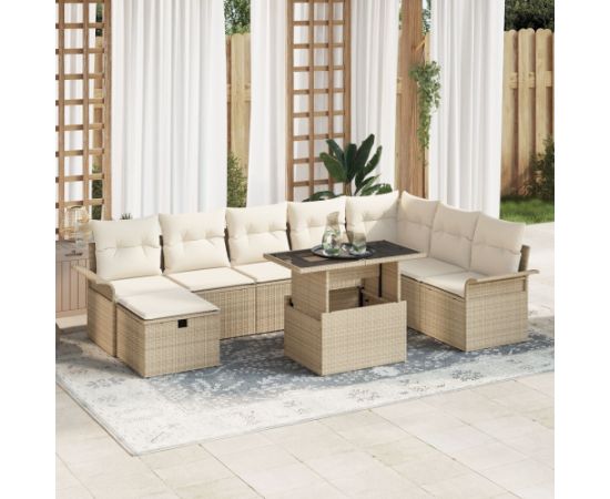 vidaXL Zestaw 9-częściowy kanap ogrodowych z poduszkami Beżowy Polyrattan Dārza mēbeļu komplekti