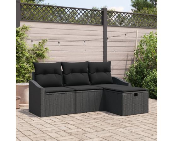 vidaXL Zestaw sof ogrodowych 4 częściowy z poduszkami Czarny PE Rattan Dārza mēbeļu komplekti
