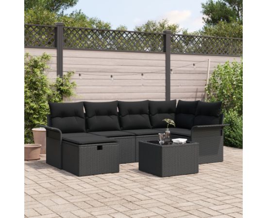 vidaXL Zestaw 7-elementowy sof ogrodowych z poduszkami czarny polirattan Dārza mēbeļu komplekti