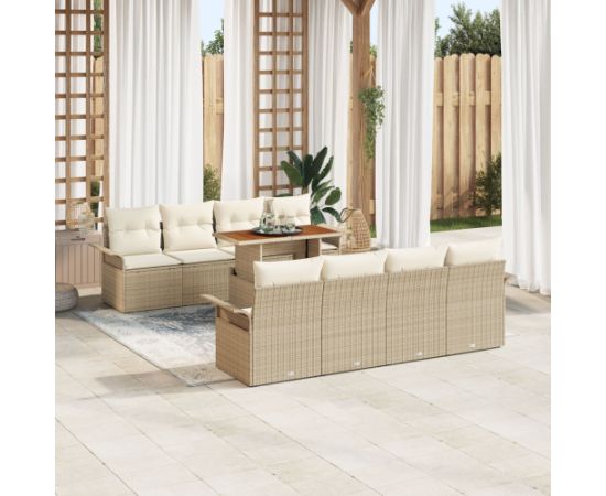 vidaXL Zestaw sof ogrodowych  9-elementowy z poduszkami Beżowy Polirattan Akacja Dārza mēbeļu komplekti