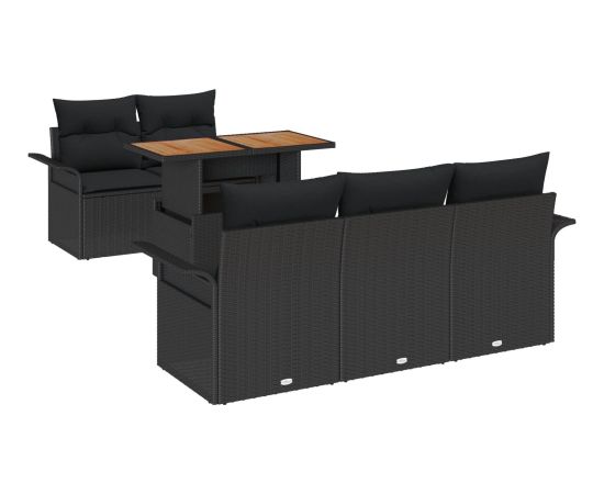 vidaXL Zestaw sofy ogrodowej  z 6 elementów i poduszkami, czarny poli rattan, akacja Dārza mēbeļu komplekti
