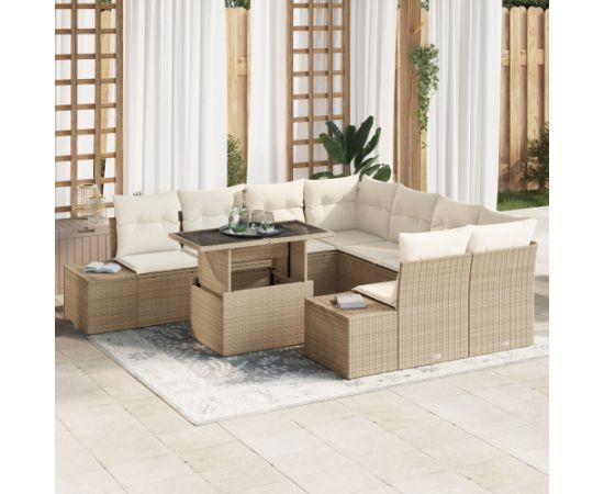 vidaXL 9-elementowy zestaw sof ogrodowych  z poduszkami beżowy poli rattan Dārza mēbeļu komplekti