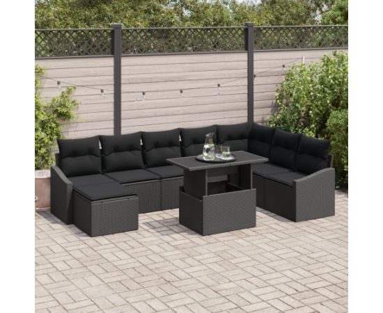 vidaXL Zestaw 9 sztuk sof ogrodowych z poduszkami Czarny Poli Rattan Dārza mēbeļu komplekti