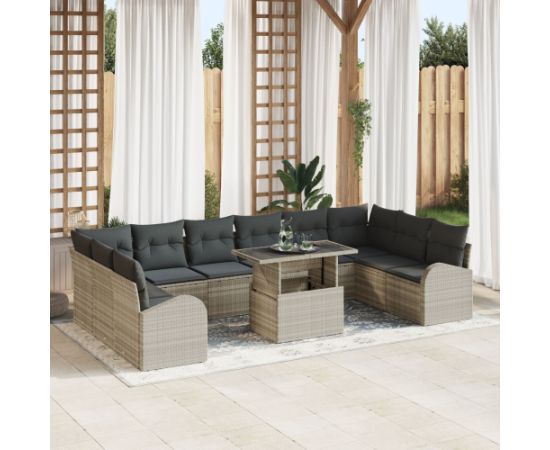 vidaXL Zestaw sofy ogrodowej z poduszkami jasnoszary poli rattan - 11 elementów Dārza mēbeļu komplekti