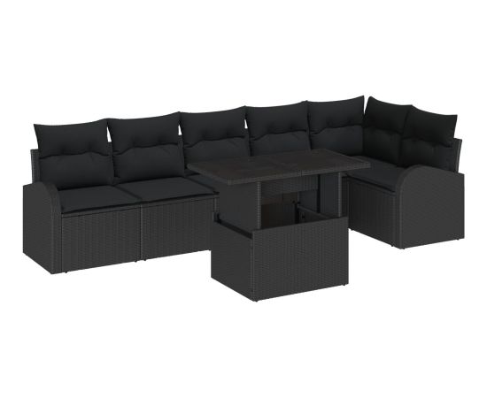 vidaXL Siedmioczęściowy Zestaw Sof Ogrodowych z Poduszkami Czarny Polirattan Dārza mēbeļu komplekti