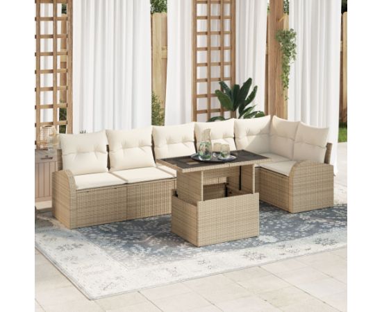 vidaXL 7-częściowy zestaw sof do ogrodu  z poduszkami Beżowy z polirattanu Dārza mēbeļu komplekti