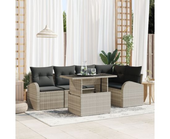 vidaXL 6-częściowy zestaw sof ogrodowych z poduszkami w jasnoszarym polirattanie Dārza mēbeļu komplekti