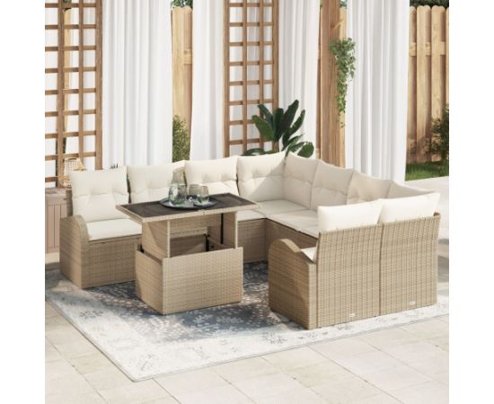 vidaXL Zestaw 9-częściowy sofy ogrodowe z poduszkami Beżowy Polirattan Dārza mēbeļu komplekti